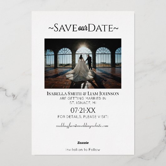 Timeless Copper Type結婚の写真救Our Date 箔招待状 (裏面)