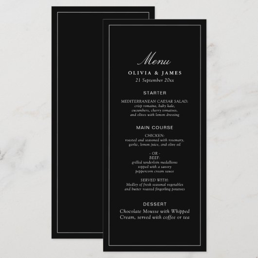 Timeless Dark Black Modern Minimalist Wedding Menu (正面/裏面)
