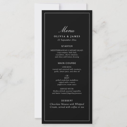 Timeless Dark Black Modern Minimalist Wedding Menu (正面)