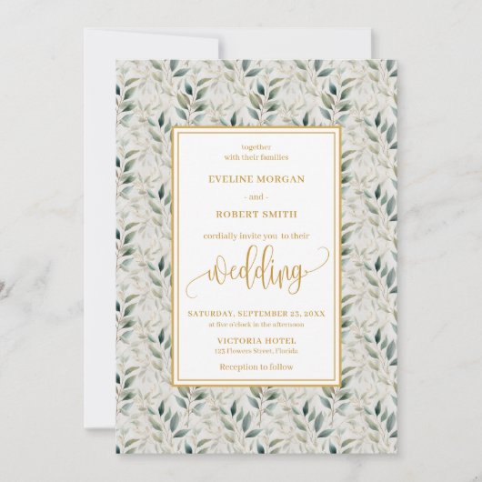 Timeless Deep Green Gold Foliage Wedding Invites 招待状 (正面)