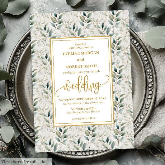 Timeless Deep Green Gold Foliage Wedding Invites 招待状