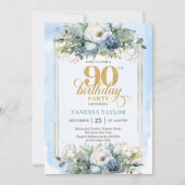 Timeless dusty blue and gold 90th birthday invites 招待状 (正面)