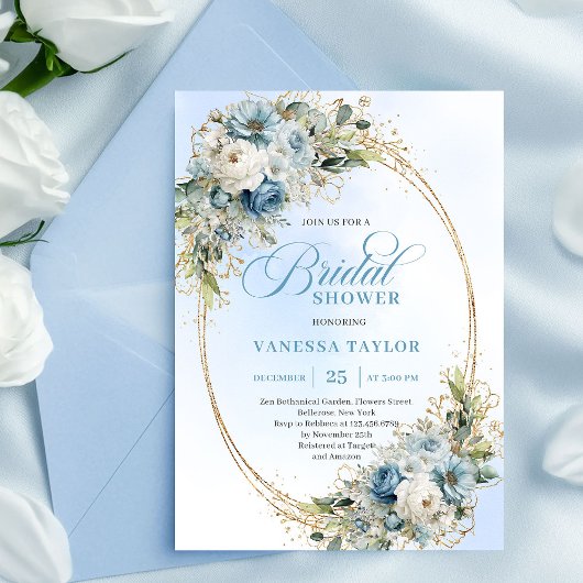 Timeless Dusty Blue Floral Script Bridal Shower  招待状