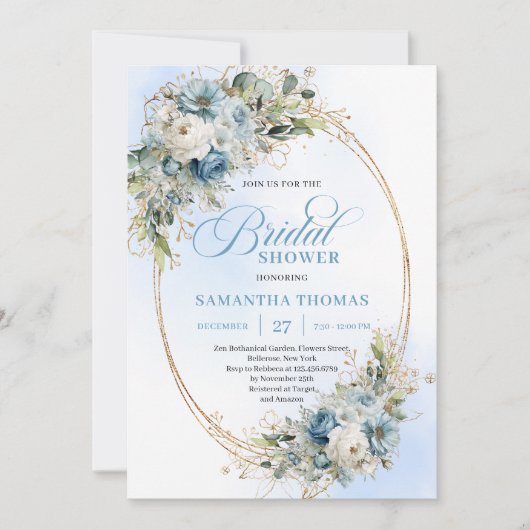 Timeless Dusty Blue Floral Script Bridal Shower  招待状 (正面)