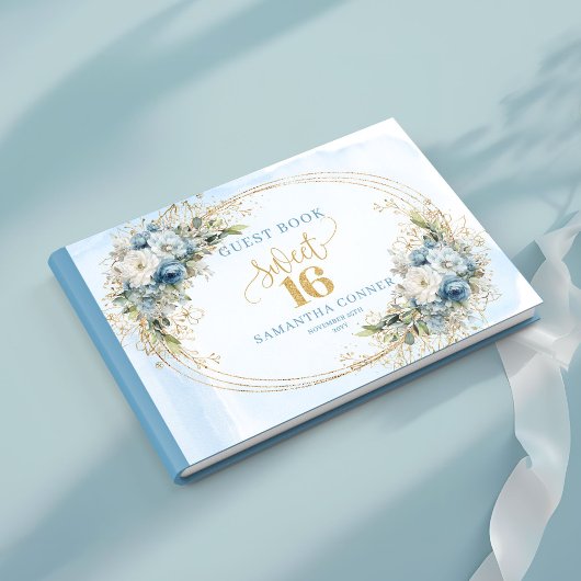 Timeless Dusty Blue Floral Sweet 16th Guest Book ゲストブック
