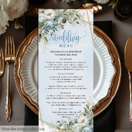 Timeless Dusty Blue Floral White Gold Wedding Menu メニュー