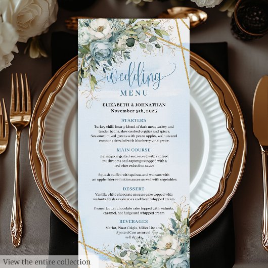 Timeless Dusty Blue Floral White Gold Wedding Menu メニュー