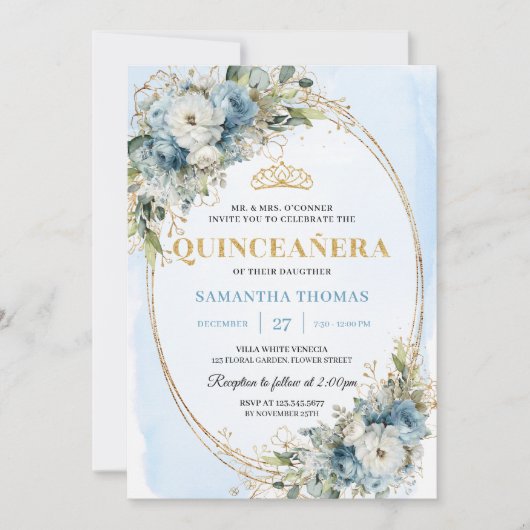 Timeless Dusty Blue Gold Greenery Quinceañera  招待状 (正面)