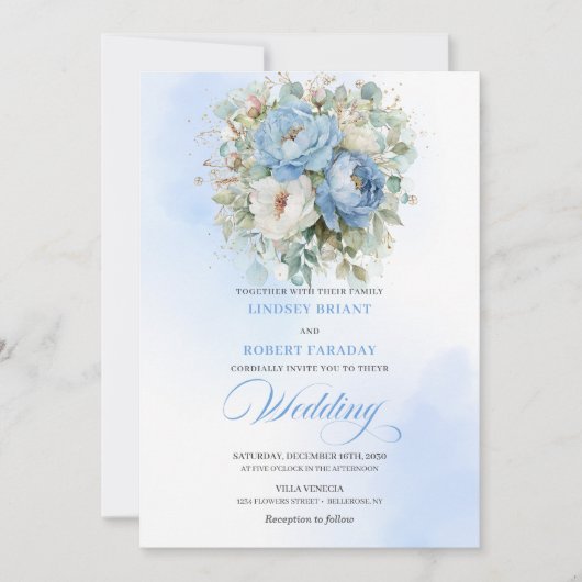Timeless Dusty Blue White Flowers Gold Wedding 招待状 (正面)