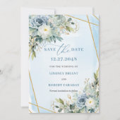 Timeless Dusty Blue White Gold Floral Save Date 招待状 (正面)