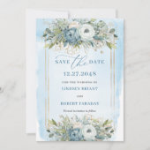Timeless Dusty Blue White Gold Floral Save Date 招待状 (正面)