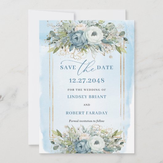 Timeless Dusty Blue White Gold Floral Save Date 招待状 (正面)