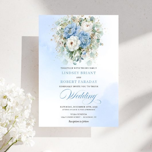 Timeless Dusty Blue White Peony Floral Wedding 招待状