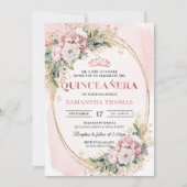 Timeless Dusty Pink Floral Greenery Quinceañera  招待状 (正面)