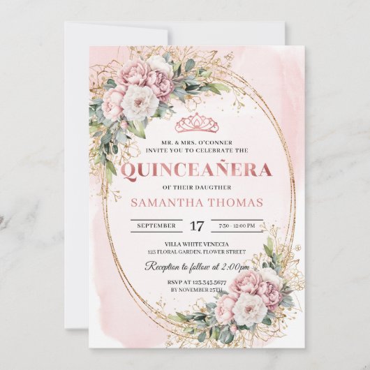 Timeless Dusty Pink Floral Greenery Quinceañera 招待状 (正面)