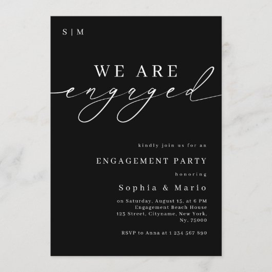 Timeless Elegant Monogram Black Engagement Party 招待状 (正面)