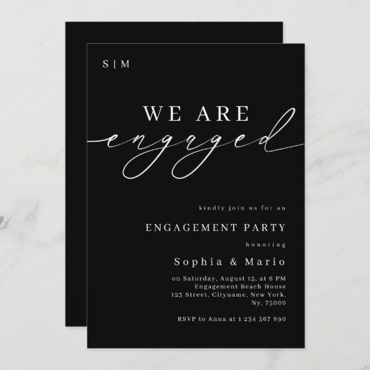 Timeless Elegant Monogram Black Engagement Party 招待状 (正面/裏面)