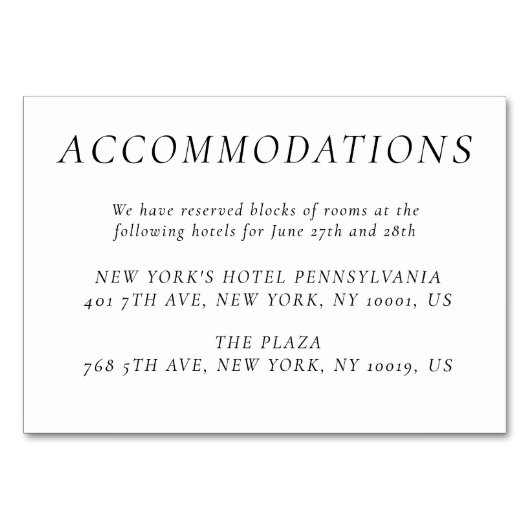 Timeless Elegant White Wedding Accommodation Cards テーブルナンバー (正面)