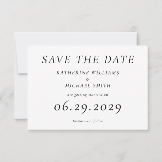 Timeless Elegant White Wedding Save The Date Card セーブザデート (裏面)