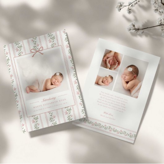 Timeless Floral Bow Photo Birth Announcement 案内状