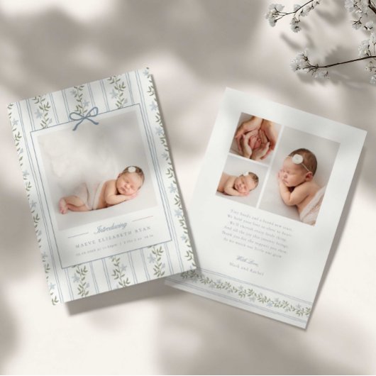Timeless Floral Bow Photo Birth Announcement 案内状