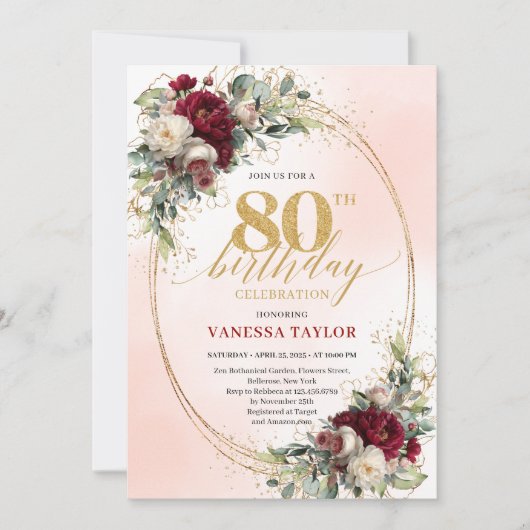 Timeless Floral Gold 80th Birthday Celebration  招待状 (正面)