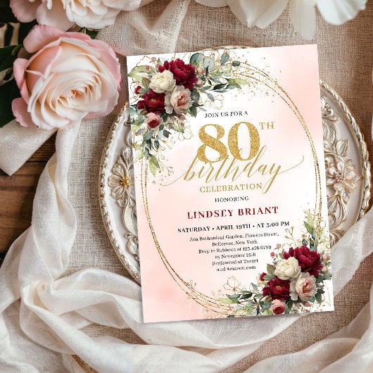 Timeless Floral Gold 80th Birthday Celebration 招待状