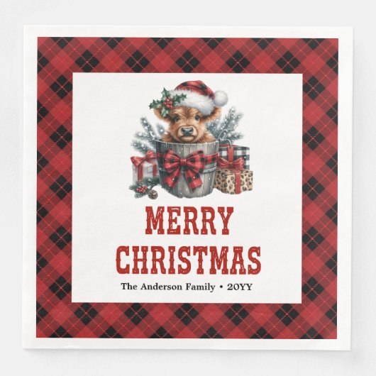 Timeless highland cow Christmas napkins red black  (正面)