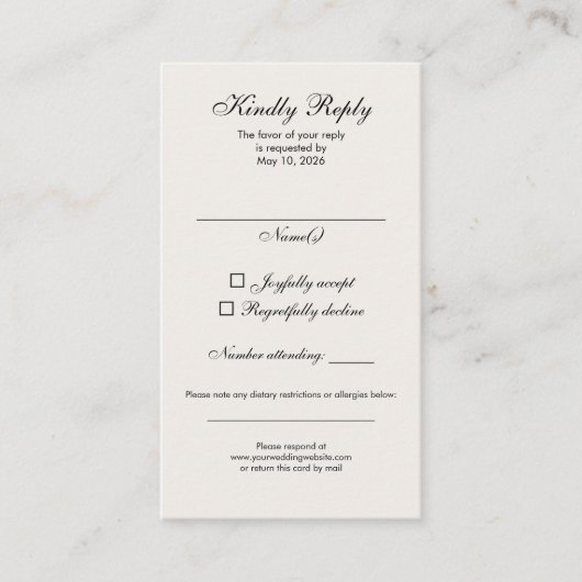 Timeless Ivory Calligraphy Wedding RSVP Card 名刺 (正面)