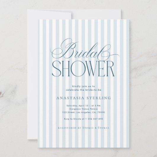 Timeless Luxe Script Blue Stripes Bridal Shower 招待状 (正面)