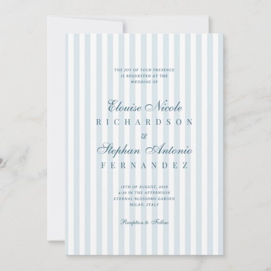 Timeless Luxe Script Blue Stripes Wedding 招待状 (正面)