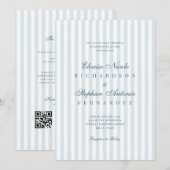 Timeless Luxe Script Blue Stripes Wedding 招待状 (正面/裏面)