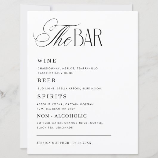 Timeless Luxe Script Classy Wedding Bar Drink Menu (正面)