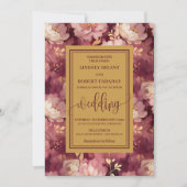 Timeless Luxury Maroon Blush Gold Floral Wedding  招待状 (正面)