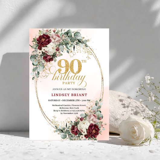 Timeless Maroon Floral Eucalyptus 90th Birthday 招待状