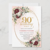 Timeless Maroon Floral Eucalyptus 90th Birthday 招待状 (正面)
