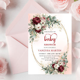 Timeless Maroon Floral Gold Baby Shower Invitation 招待状