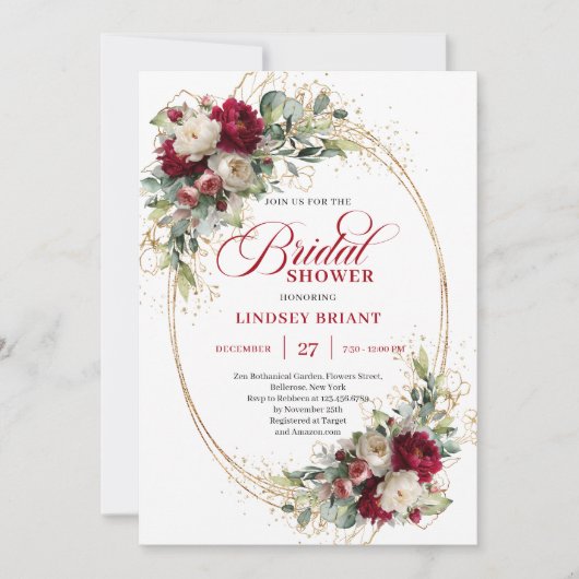 Timeless Maroon Floral Gold Bridal Shower Invite 招待状 (正面)