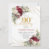 Timeless Marsala Floral Gold 90th Birthday Invite 招待状 (正面)