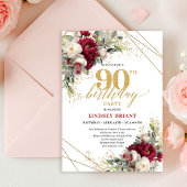 Timeless Marsala Floral Gold 90th Birthday Invite 招待状