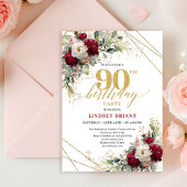 Timeless Merlot Floral Gold 90th Birthday Invite 招待状