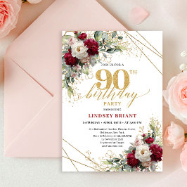 Timeless Merlot Floral Gold 90th Birthday Invite 招待状