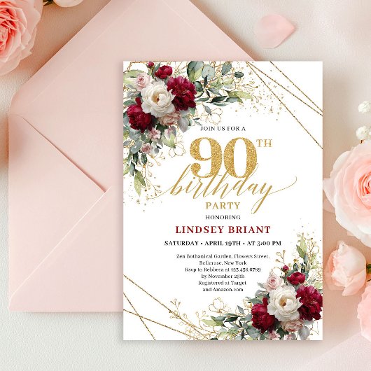 Timeless Merlot Floral Gold 90th Birthday Invite 招待状