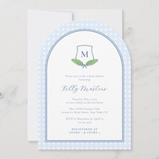 Timeless Modern Arch Monogram Baby Boy Shower 招待状 (正面)