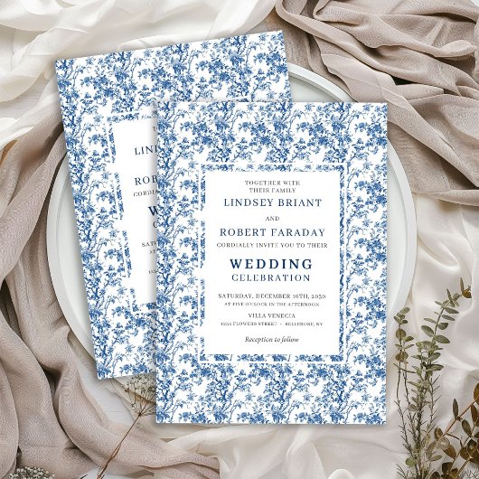 Timeless Navy Blue Toile Wedding Invitation 招待状