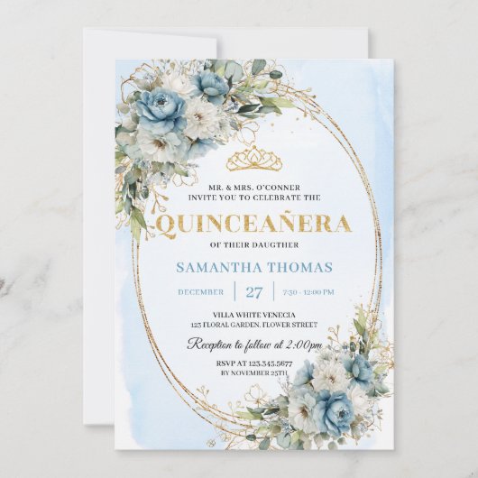 Timeless Pastel Blue Gold Eucalyptus Quince Invite 招待状 (正面)