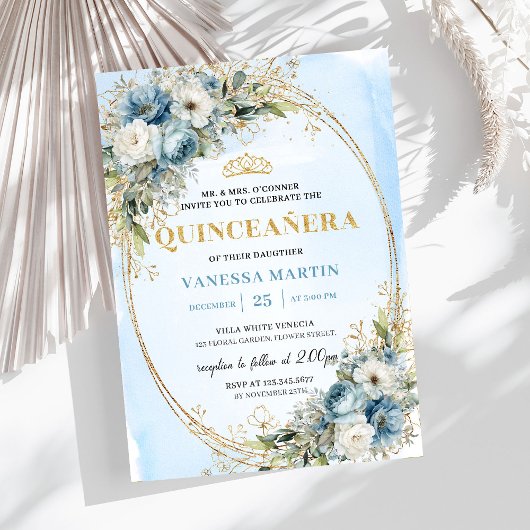 Timeless Pastel Blue Gold Eucalyptus Quinceañera 招待状