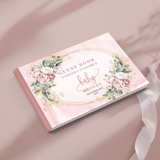 Timeless Pink Floral Greenery Baby Guest Book ゲストブック