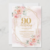 Timeless Powder Pink Gold Floral 90th Birthday 招待状 (正面)