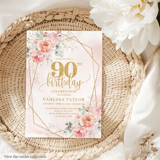 Timeless Powder Pink Gold Floral 90th Birthday 招待状